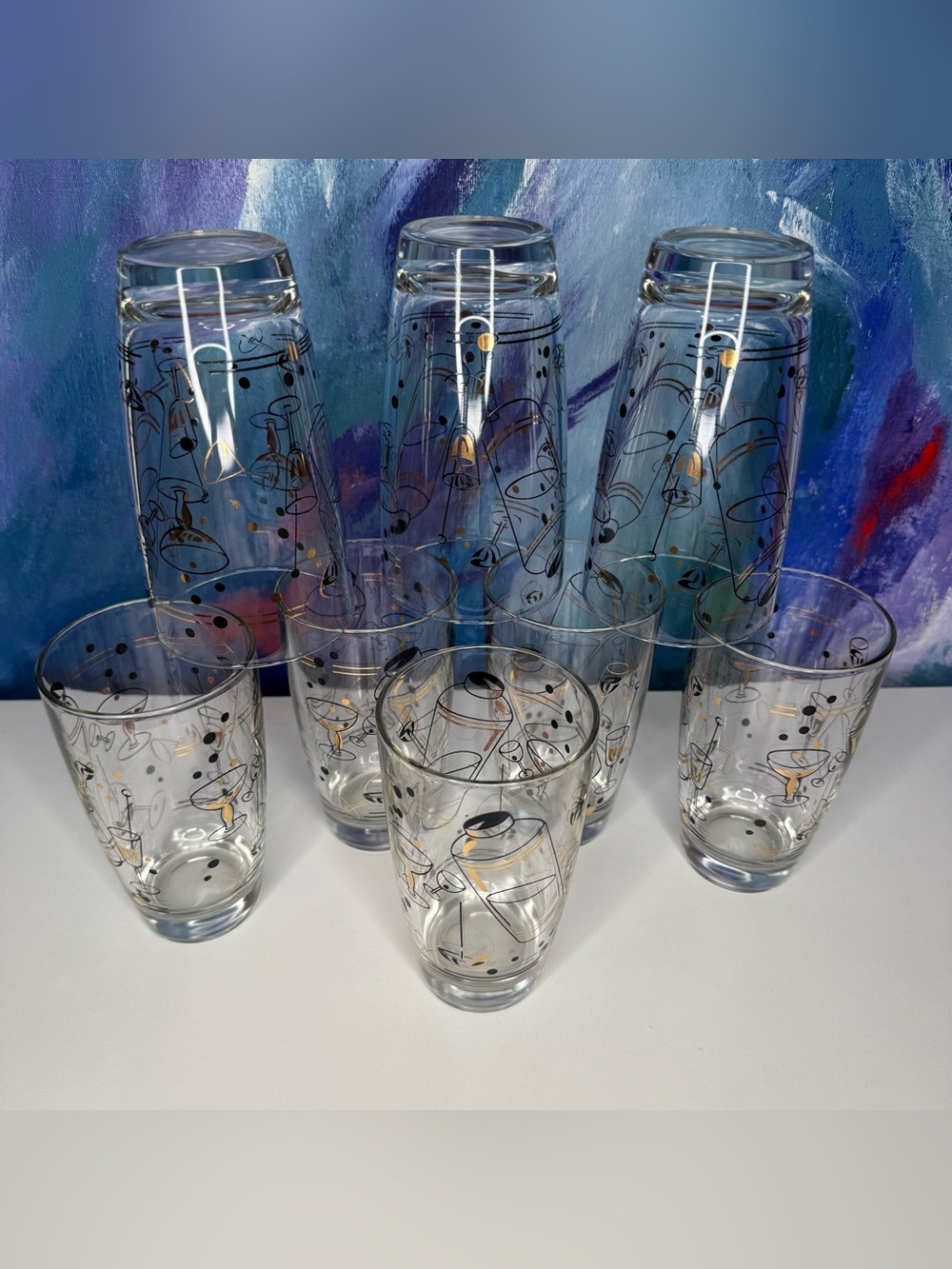Cocktail Tumbler MCM Glasses Black & Gold Set of 8 Midcentury Modern Vintage